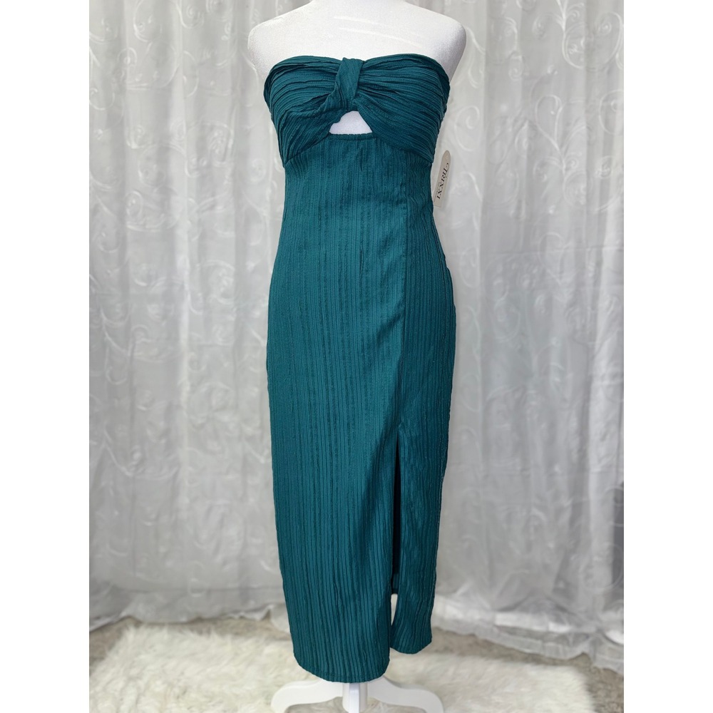 Trixxi Teal Green Strapless Plisse Midi Dress Knot Keyhole Slit NWT Small